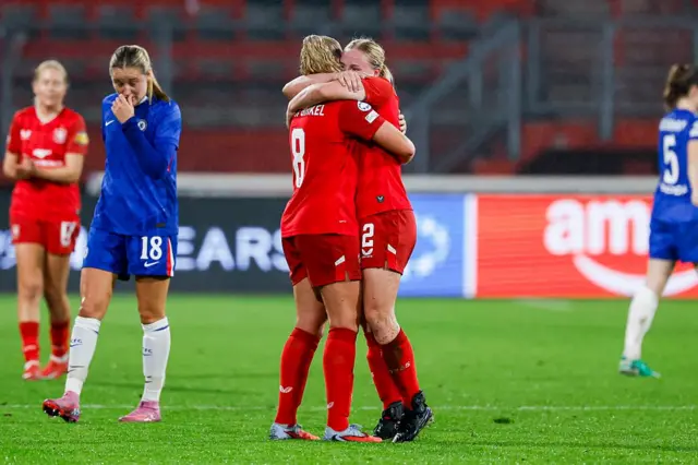 Danique van Ginkel of FC Twente and Imre van der Vegt of FC Twente celebrates after the final whistle during the UEFA Women's Champions League 2025/26 league phase match between FC Twente and Chelsea FC Women