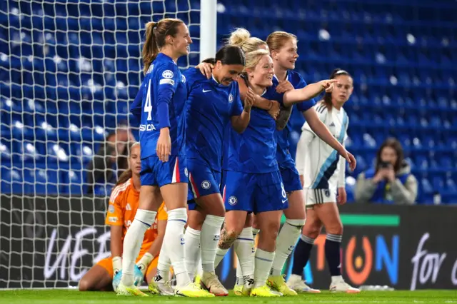 Chelsea's Sam Kerr and Chelsea's Erin Cuthbert celebrate their side's fourth goal
