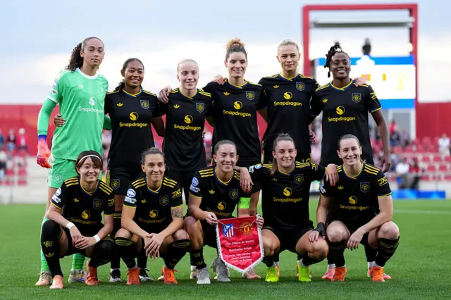 Atletico Madrid's Giovana in action with Manchester United's Dominique Janssen and Manchester United's Hinata Miyazawa