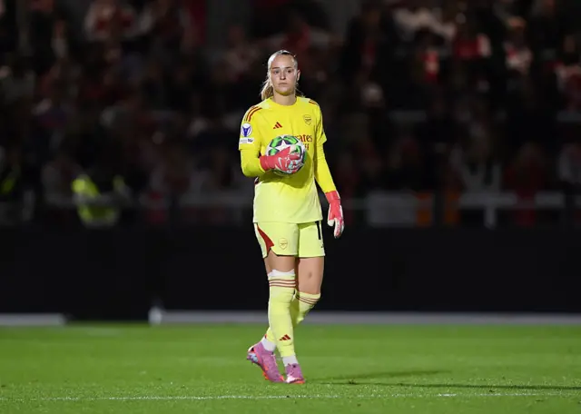 Daphne van Domselaar of Arsenal looks on
