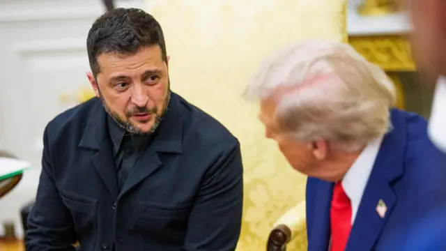 Volodymyr Zelensky speaks to Donald Trump in the Oval Office in August 2025