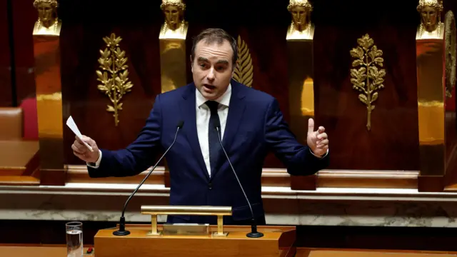 French Prime Minister Sebastien Lecornu gestures as he delivers a speech