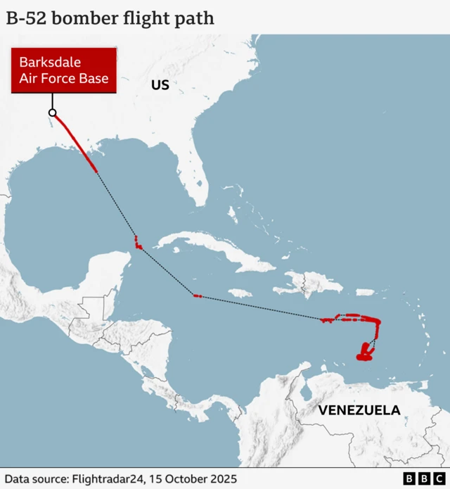 A map showing the flightpath of the B-52s from the US to the coast of Venezuela