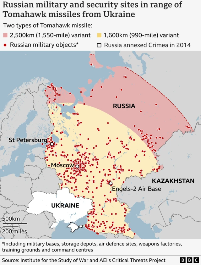Map of Eastern Europe with Ukraine highlighted in white. Parts of eastern Russia are marked in yellow to indicate the area within the 1,600km range of Tomahawks missiles, in red are areas of Russia within the 2,500km range. Red dots in the yellow and red areas indicate potential Russian military targets