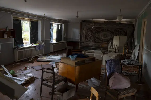 Views of the aftermath of the attacks on various public buildings and institutions in the city of Druzhkiva,