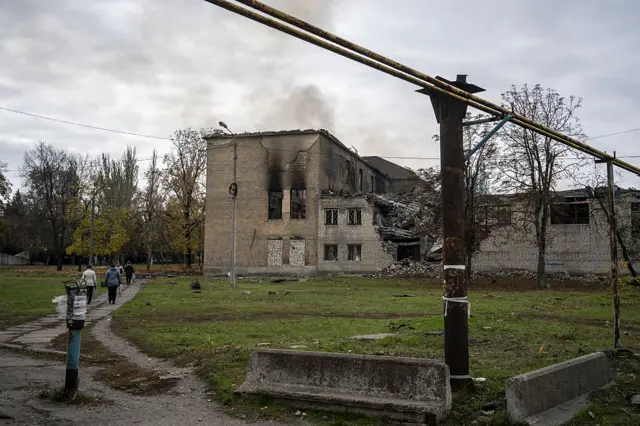 Views of the aftermath of the attacks on various public buildings and institutions in the city of Druzhkiva, Ukraine, on October 17, 2025