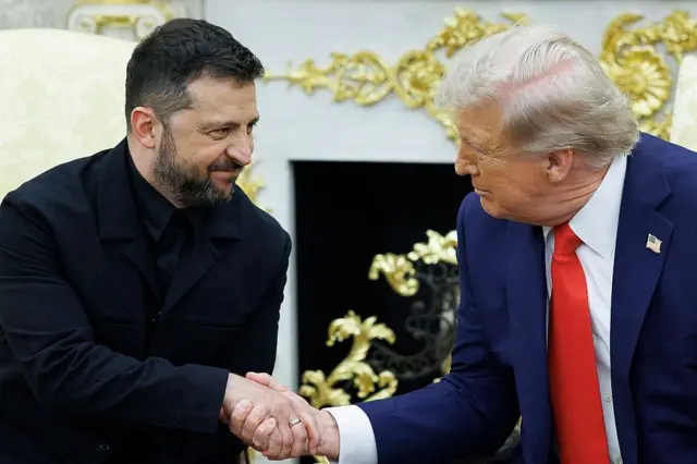 Zelensky shakes hands with Trump in the Oval Office