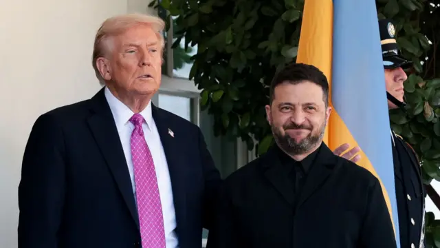US President Donald Trump greets Ukrainian President Volodymyr Zelensky outside the West Wing of the White House