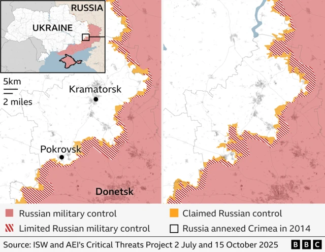 A map showing military control of Ukraine's Donetsk region