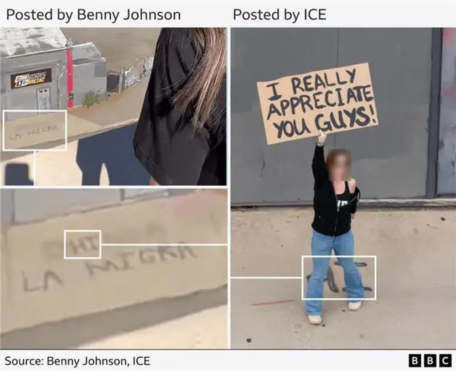 A comparison of the graffiti on the ground with the two letters behind the supporter in the picture posted by ICE