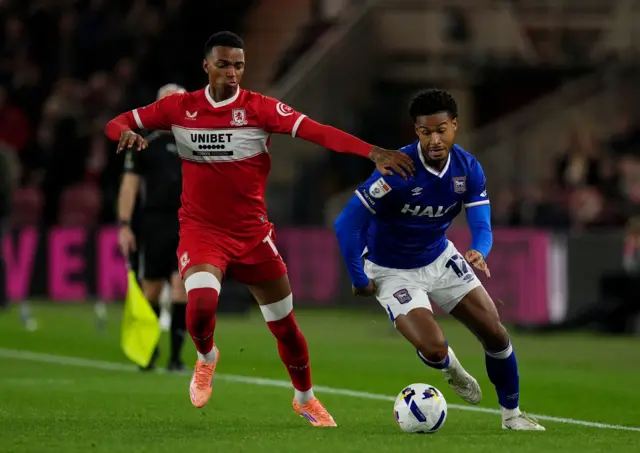 Ipswich Town's Jens Cajuste (right) and Middlesbrough's Morgan Whittaker (left) battle for the ball