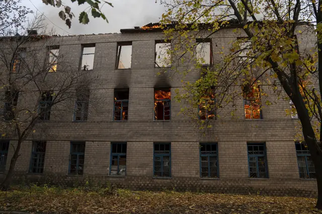 Views of the aftermath of the attacks on various public buildings and institutions in the city of Druzhkiva, Ukraine, on October 17, 2025.