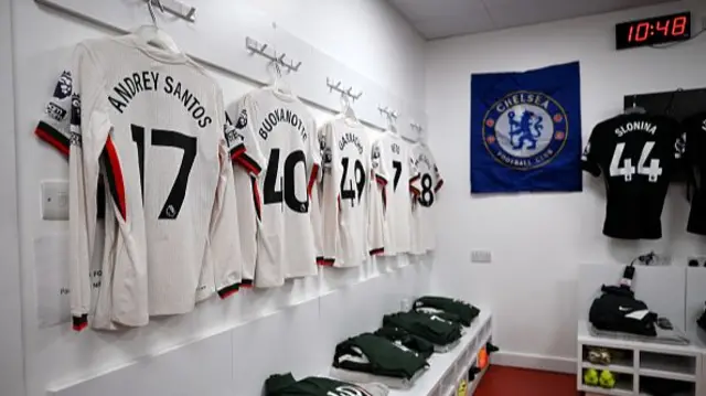 The shirt of Andrey Santos of Chelsea is displayed inside the dressing room