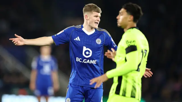 Leicester midfielder Jordan James complains