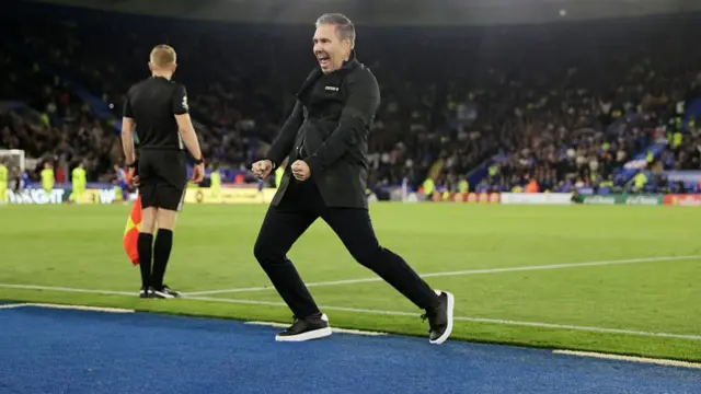 Marti Cifuentes celebrates Leicester's opening goal against Portsmouth