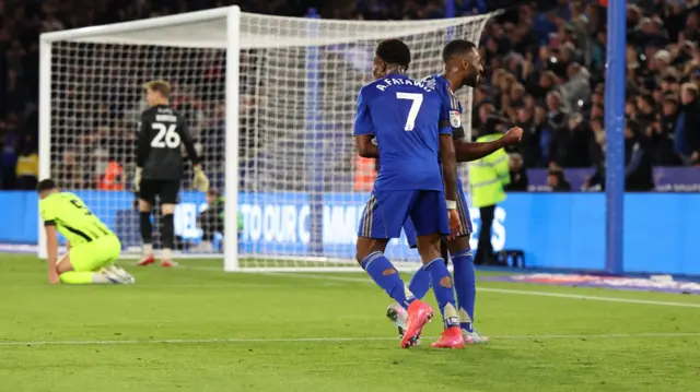 Richard Pereira and Abdul Fatawu celebrate Leicester's opener against Portsmouth