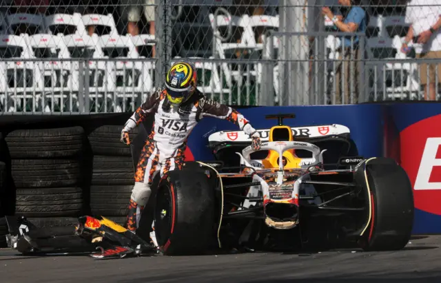 Isack Hadjar gets out of his damaged Racing Bulls after he crashed in qualifying
