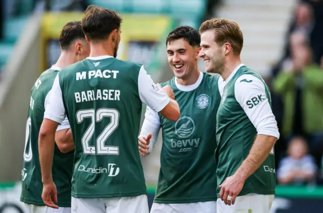 Hibernian's Jamie McGrath (centre) celebrates scoring a penalty to make it 2-0 during a William Hill Premiership match between Hibernian and Livingston at Easter Road, on October 18, 2025, in Edinburgh, Scotland