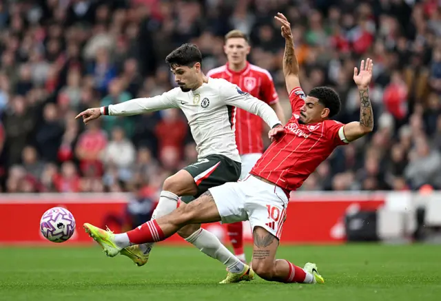 Morgan Gibbs-White of Nottingham Forest controls the ball whilst under pressure from Pedro Neto