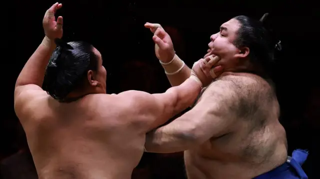 Two sumo wrestlers grappling