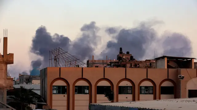 moke rises following an Israeli airstrike in Khan Younis, southern Gaza Strip, October 19, 2025.