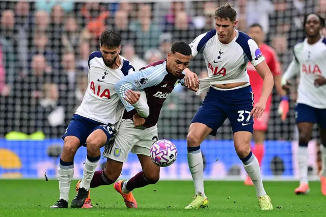 Morgan Rogers (C) vies with Tottenham Hotspur's Uruguayan midfielder #30 Rodrigo Bentancur