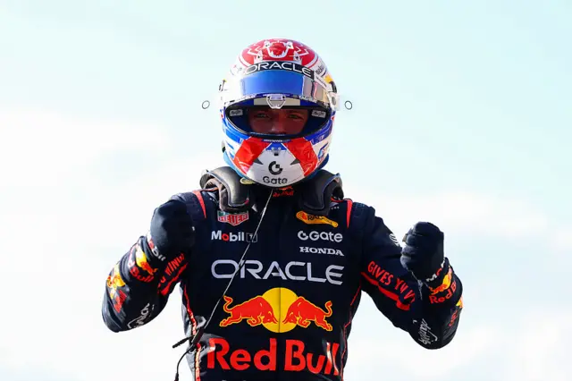 Max Verstappen celebrates claiming pole in Austin