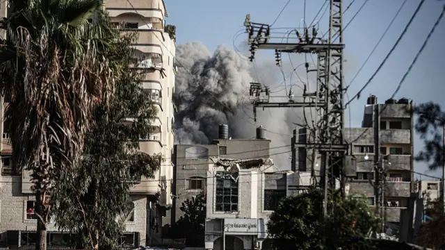 Smoke rises after Israeli airstrike hit al-Bureij camp despite ceasefire in Gaza Strip on October 19, 2025.