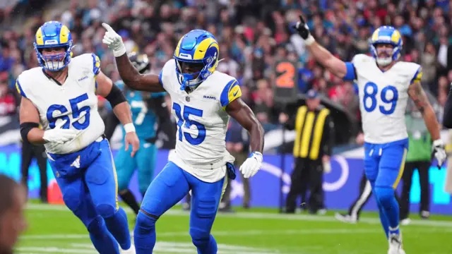 Konata Mumpfield celebrates a touchdown for the Los Angeles Rams at Wembley