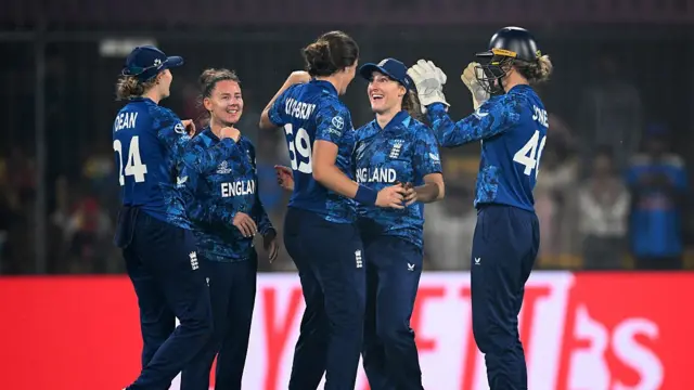 Nat Sciver-Brunt of England celebrates with team mate Emma Lamb
