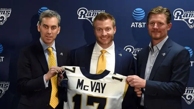 Los Angeles Rams' chief operating officer Kevin Demoff with new head coach Sean McVay and general manager Les Snead as McVay was hired in 2017