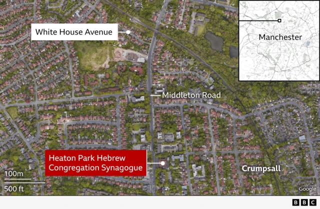 Map that shows the area of Manchester where the attack happened at a synagogue. With labels for Crumpsall, Middleton Road and Whitehouse Avenue. There’s a red label to highlight the location of Heaton Park Hebrew Congregation Synagogue.