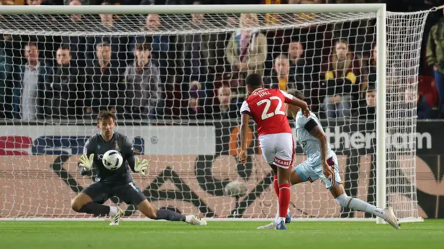 Denzel Hall shoots at the Bradford goal