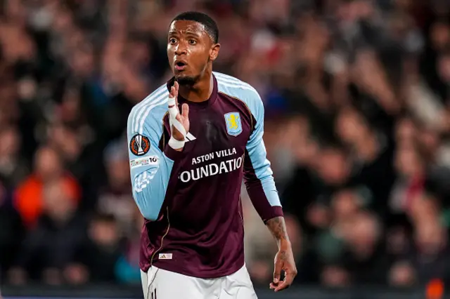 Ezri Konsa of Aston Villa gestures