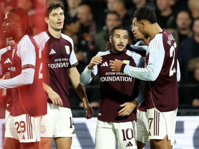 Aston Villa's Emi Buendia (centre) celebrates with team-mates