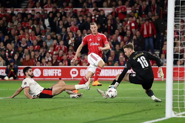 Chris Wood of Nottingham Forest scores a goal which is later disallowed due to being offside