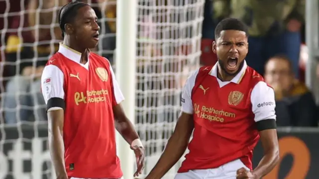 Rotherham goalscorer Denzel Hall shouts in celebration