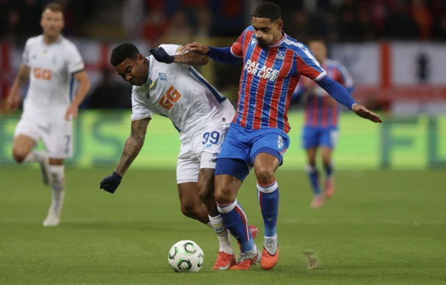 Crystal Palace's Maxence Lacroix in action with Dynamo Kyiv's Eduardo Guerrero