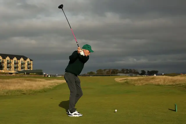 Businessman, Dermot Desmond, tees off on the second hole on day one of the Alfred Dunhill Links Championship 2025