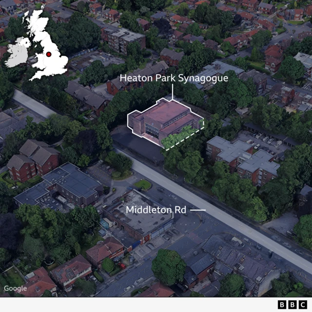 The synagogue highlighted on Middleton road