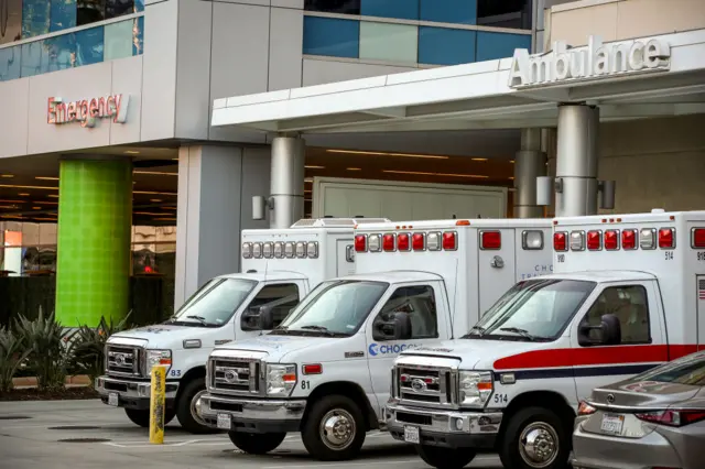 Three ambulances are parked in front of the emergency room at Childrens Health of Orange County