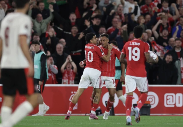 Nottingham Forest's Dan Ndoye celebrates scoring their first goal with Morgan Gibbs-White