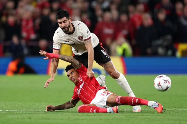 Igor Jesus of Nottingham Forest is fouled by Martin Erlic
