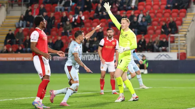 Rotherham keeper Cam Dawson appeals as Bradford's Antoni Sarcevic celebrates