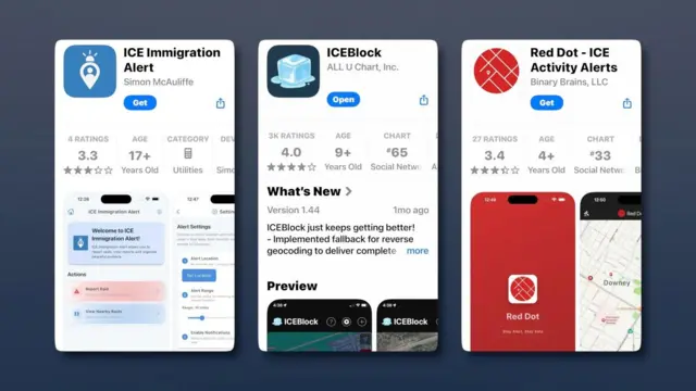 Screenshots of the download pages for three ICE tracking apps