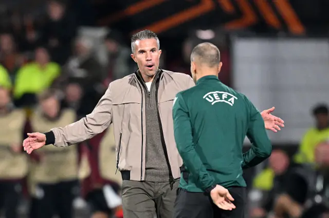 Robin Van Persie, Head Coach of Feyenoord, reacts towards the fourth official
