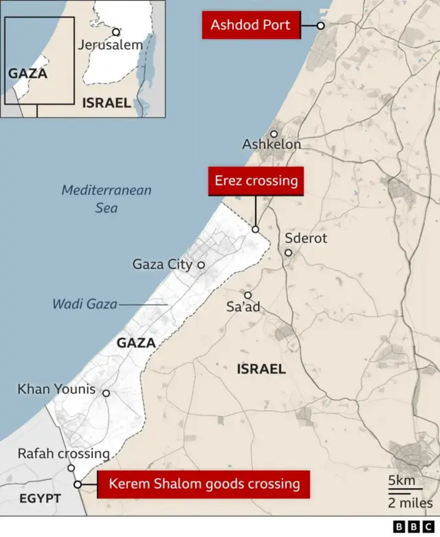 A map showing locations of different crossings in Gaza