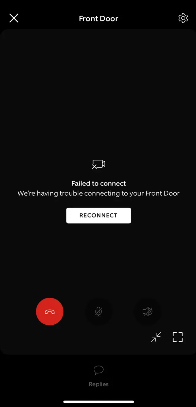A screengrab of a phone, which shows the Ring doorbell app and a sign which says "Failed to connect"