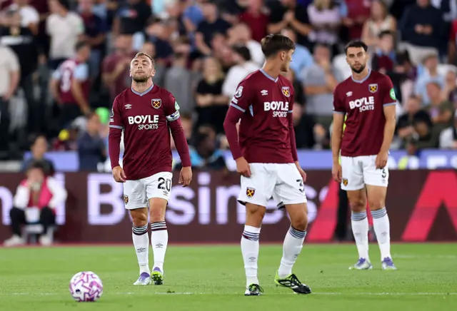 Jarrod Bowen of West Ham United looks dejected after Moises Caicedo of Chelsea (not pictured) scored his team's fourth goal