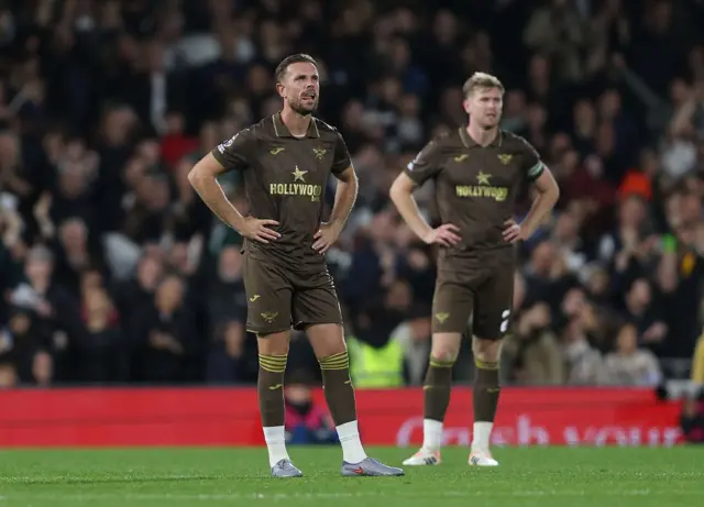 Jordan Henderson of Brentford looks dejected during the Premier League match between Fulham and Brentford at Craven Cottage on September 20, 2025 in London, England.